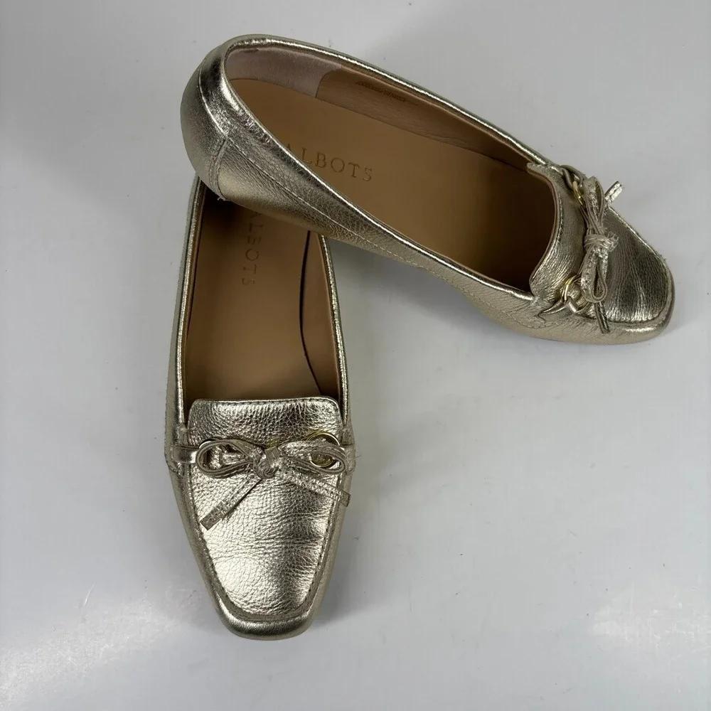 Talbots Women's US 7M Metallic Gold Leather Bow Tie Slip-On Loafers‎ Flats Shoes